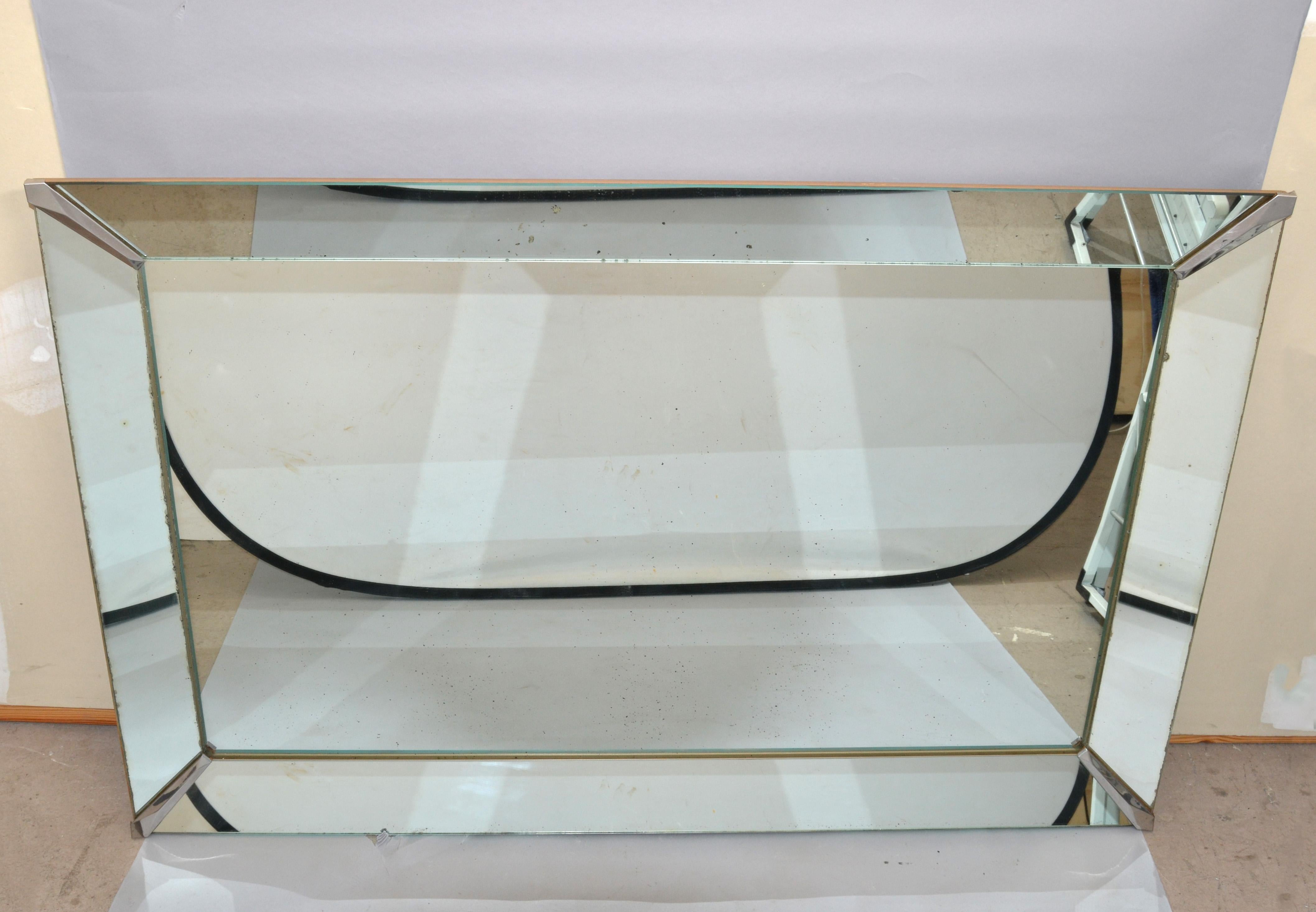 20th Century 1940s Venetian Style Art Deco Wall Mirror with Chrome Corners Wood Backing