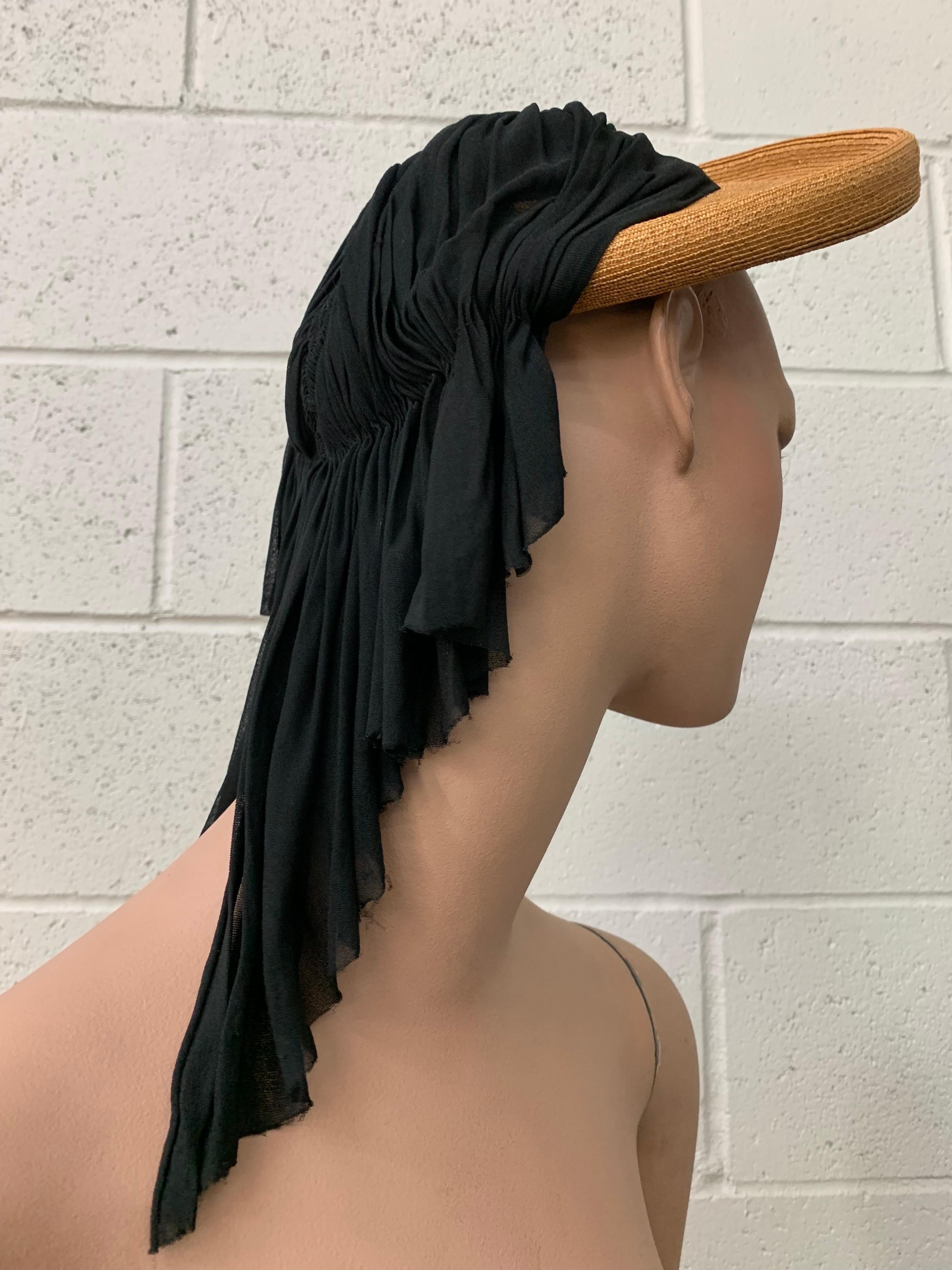 Women's 1940s Veola Modes Straw Rolled Brim Halo Hat w Cascading Black Matte Jersey For Sale