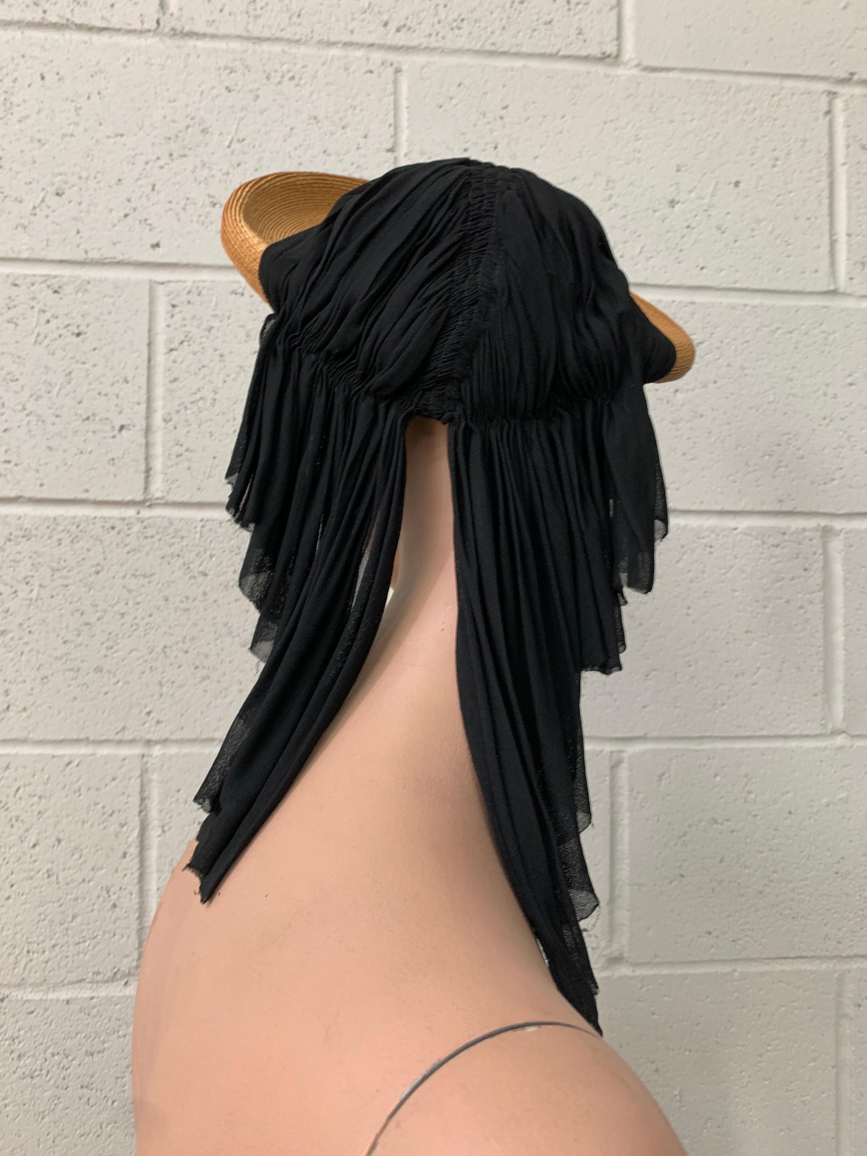 1940s Veola Modes Straw Rolled Brim Halo Hat w Cascading Black Matte Jersey For Sale 1