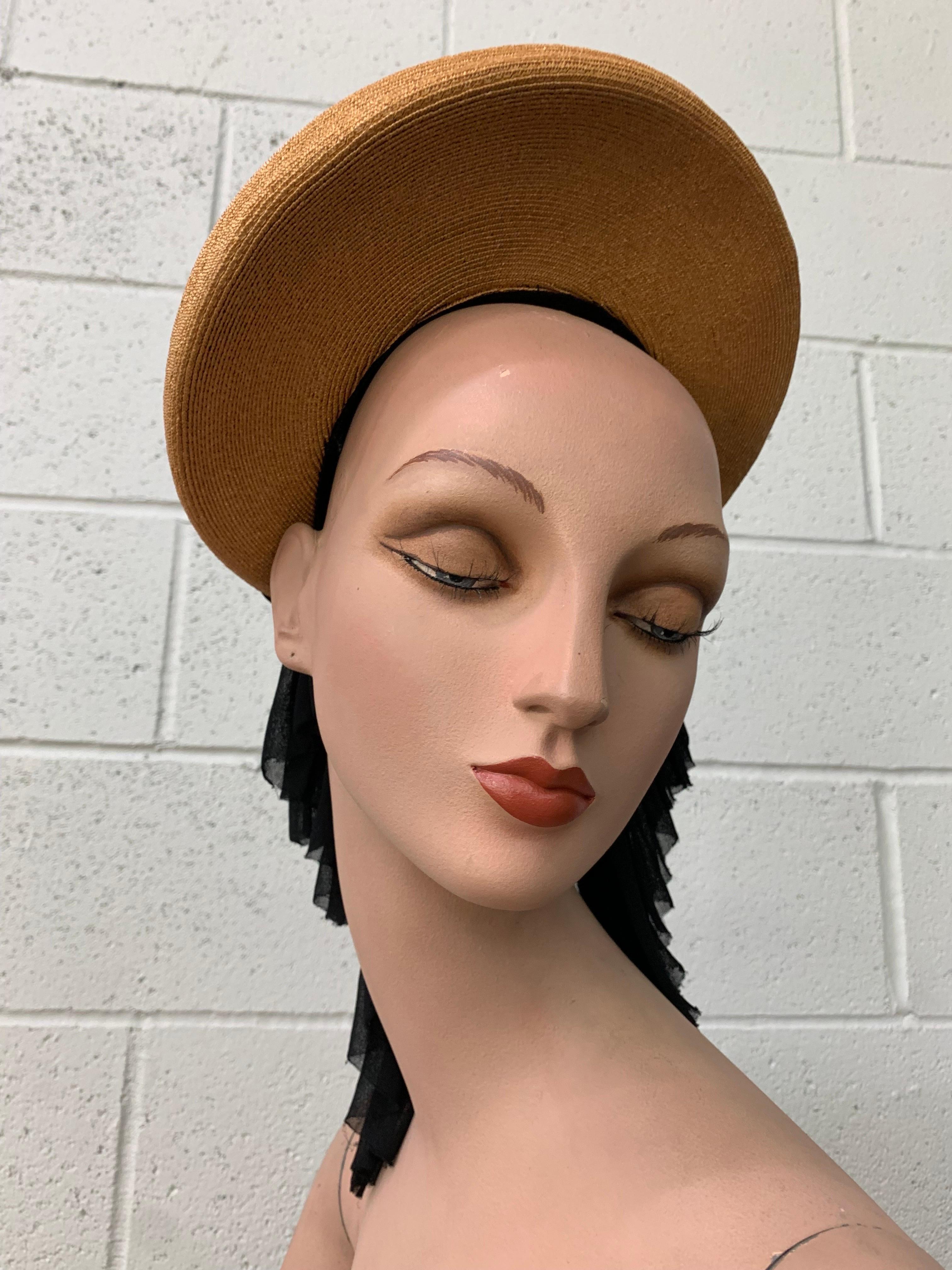 1940s Veola Modes Straw Rolled Brim Halo Hat w Cascading Black Matte Jersey For Sale 2
