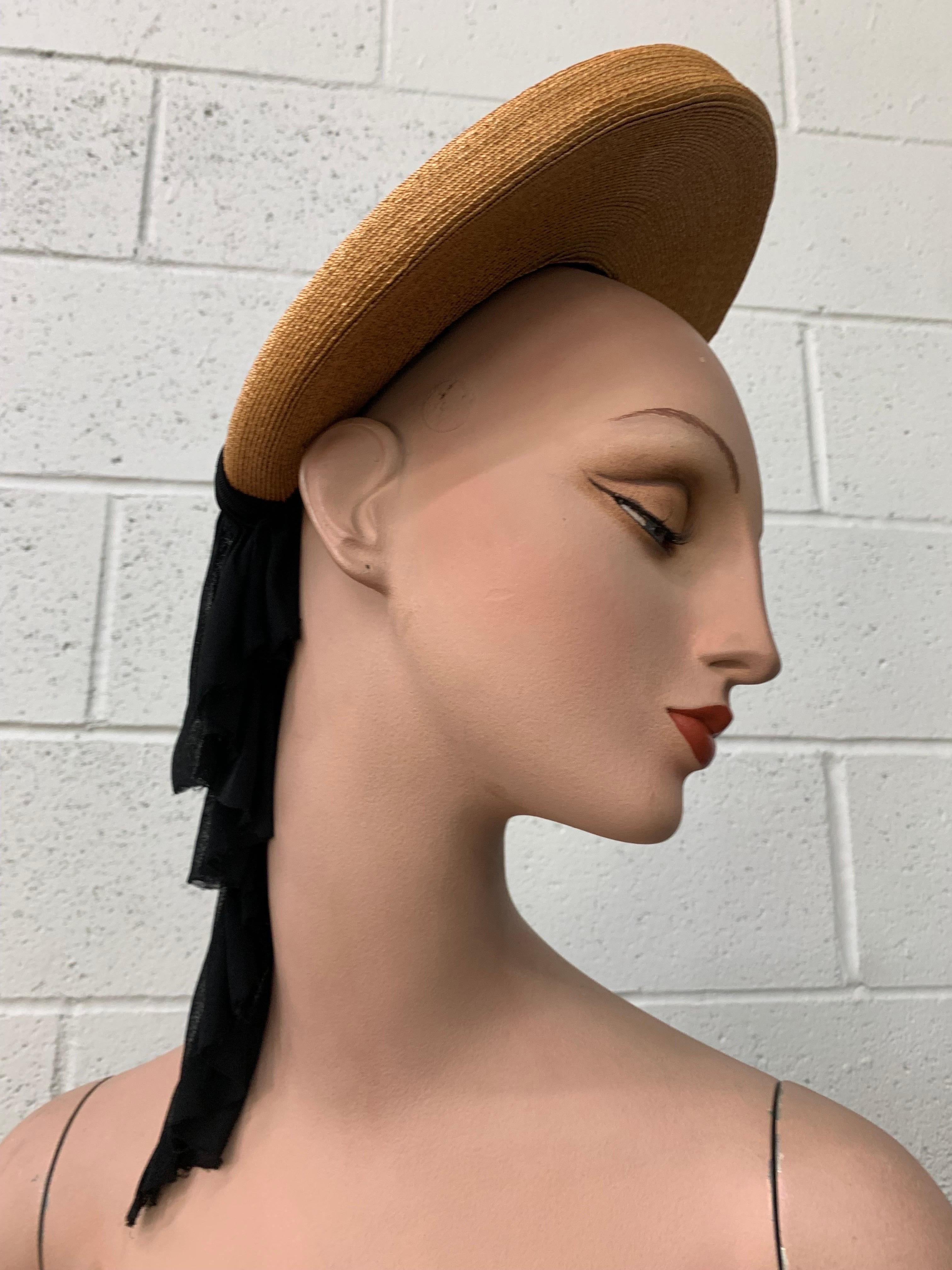 1940s Veola Modes Straw Rolled Brim Halo Hat w Cascading Black Matte Jersey For Sale 3
