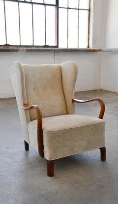 1940's Viggo Boesen Attributed Danish Wingback Lounge Chair in Oak by Slagelse
