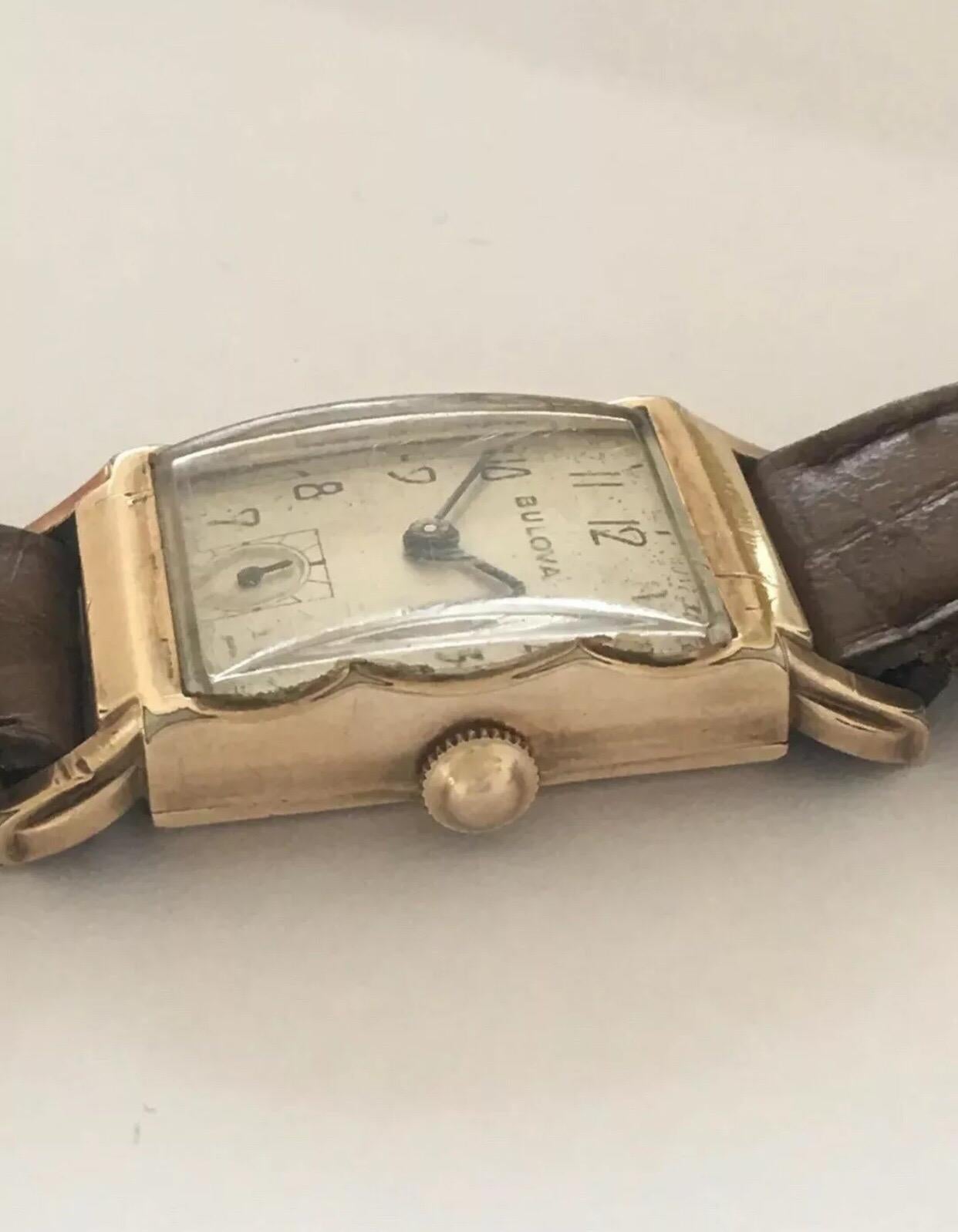1940’s Vintage 10K Gold Filled Bulova Wristwatch.

This watch is working and running well. The dial is a bit worn as shown on the photo.