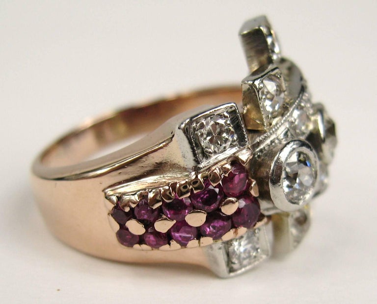1940s Vintage 14 Karat Rose Gold Ruby and Diamond Cocktail Ring For
