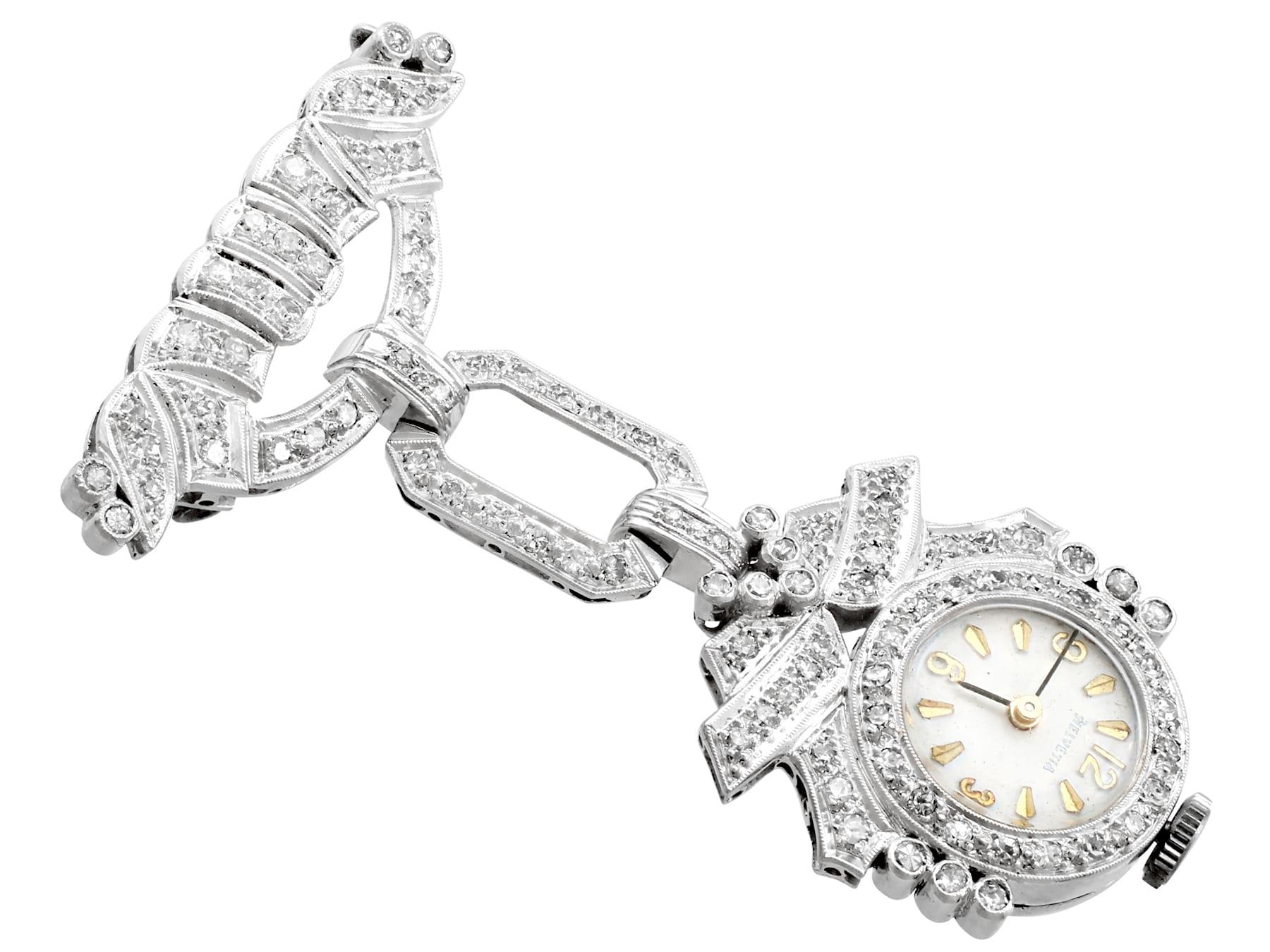 1940er Jahre Vintage 1,50 Karat Diamant und Platin Damen Cocktail-Fob-Uhr (Rundschliff) im Angebot