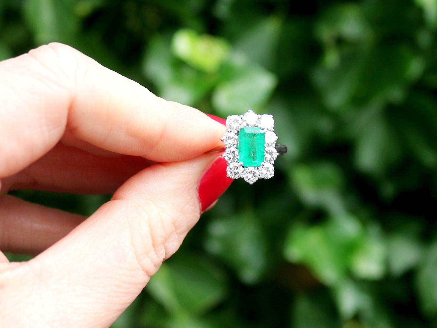 A stunning vintage 1.57 carat natural Zambian emerald and 1.72 carat diamond, 18 karat white gold, platinum set cluster ring; an addition to our vintage jewelry collections

This stunning, fine and impressive emerald cluster ring has been crafted in