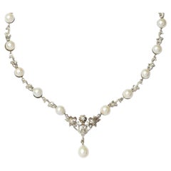 Collana vintage anni '40 in oro bianco 18 ct con perle coltivate giapponesi e diamanti