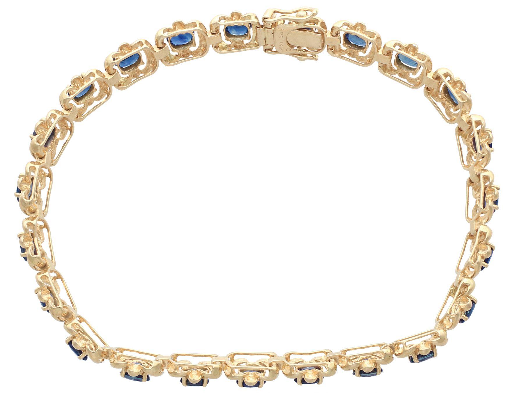 A fine and impressive vintage European 4.60 Carat blue sapphire and 14 karat yellow gold bracelet; part of our diverse vintage jewelry collections

This fine and impressive blue sapphire bracelet has been crafted in 14k yellow gold.

The bracelet