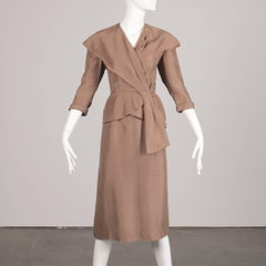 1940s Vintage Asymmetric Beige Silk 2-Piece Jacket + Skirt Women's Suit Ensemble