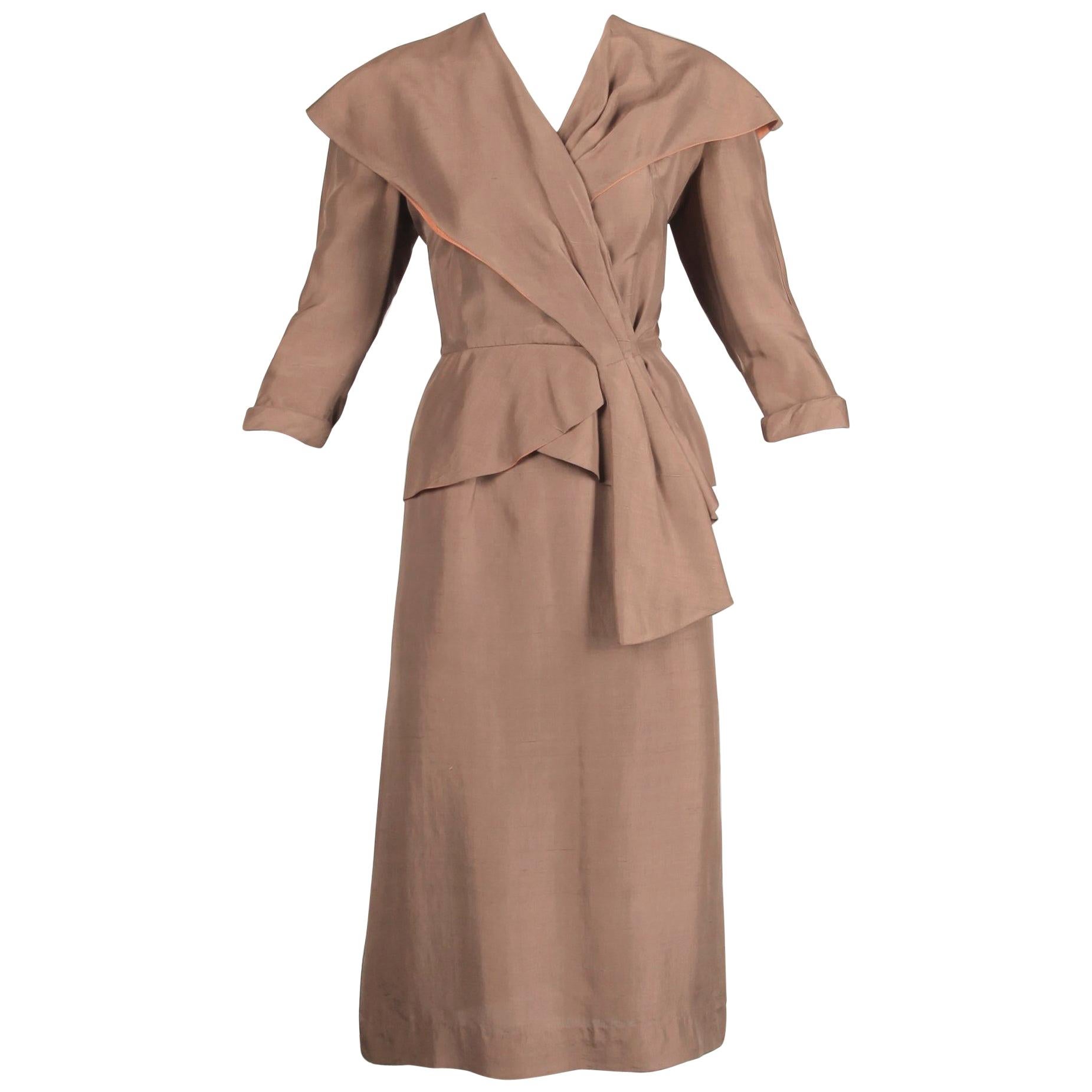 1940s Vintage Asymmetric Beige Silk 2-Piece Jacket + Skirt Women's Suit Ensemble For Sale