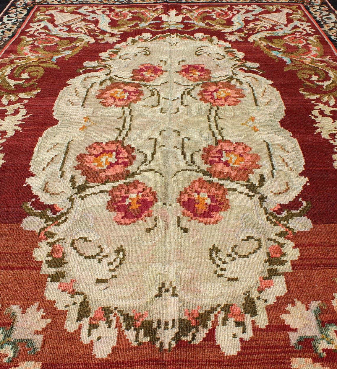 1940s vintage Bessarabian Kilim rug in deep and brilliant colors. Rug/ Kb-H--401-13, Country/ Eastern European flat weave
This beautiful Kilim was made in Eastern Europe in the Bessarabian style. Flat-weave vintage Bessarabian kilim rug with floral