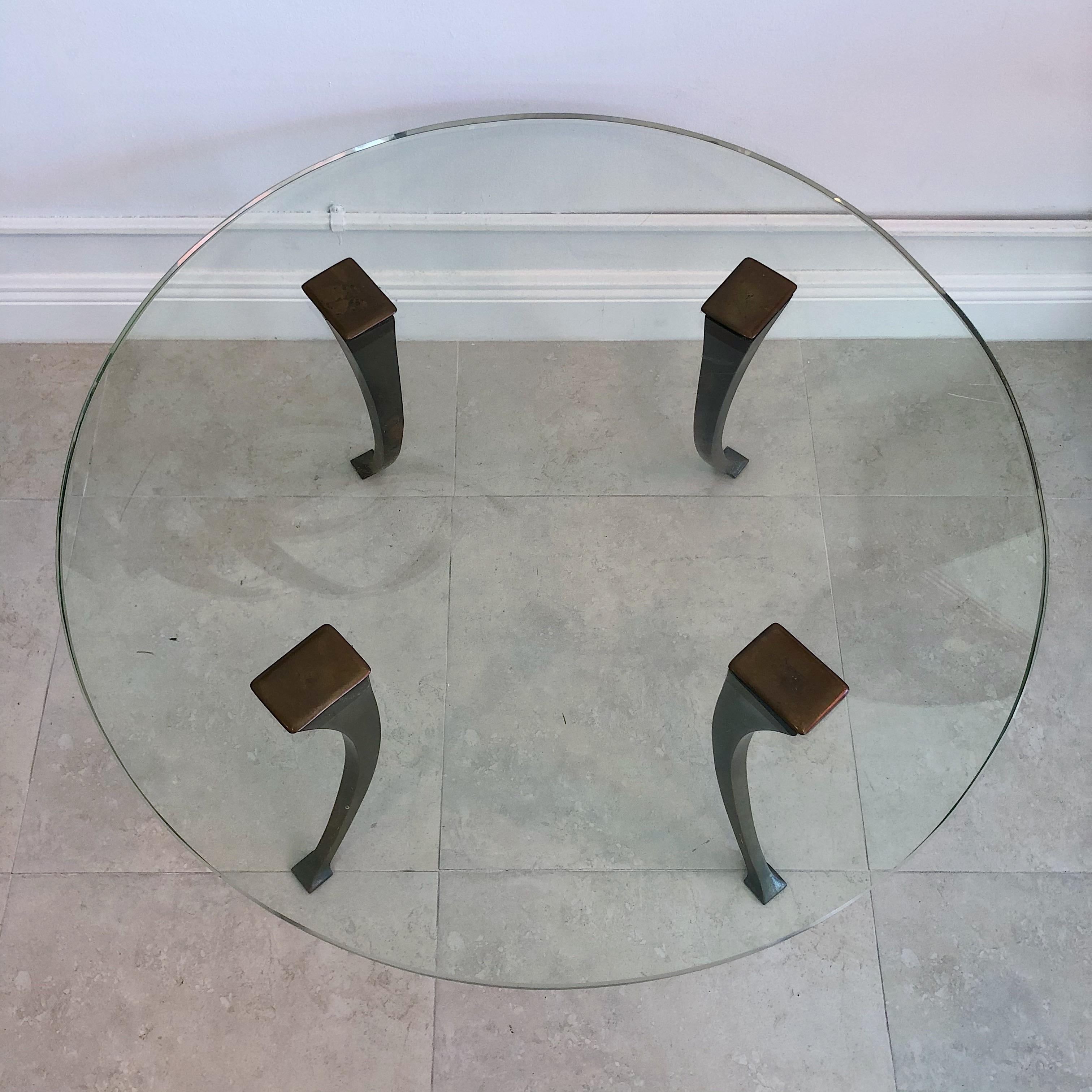 Hand-Crafted 1940s Vintage Bronze and Glass Circular Cocktail Coffee Table