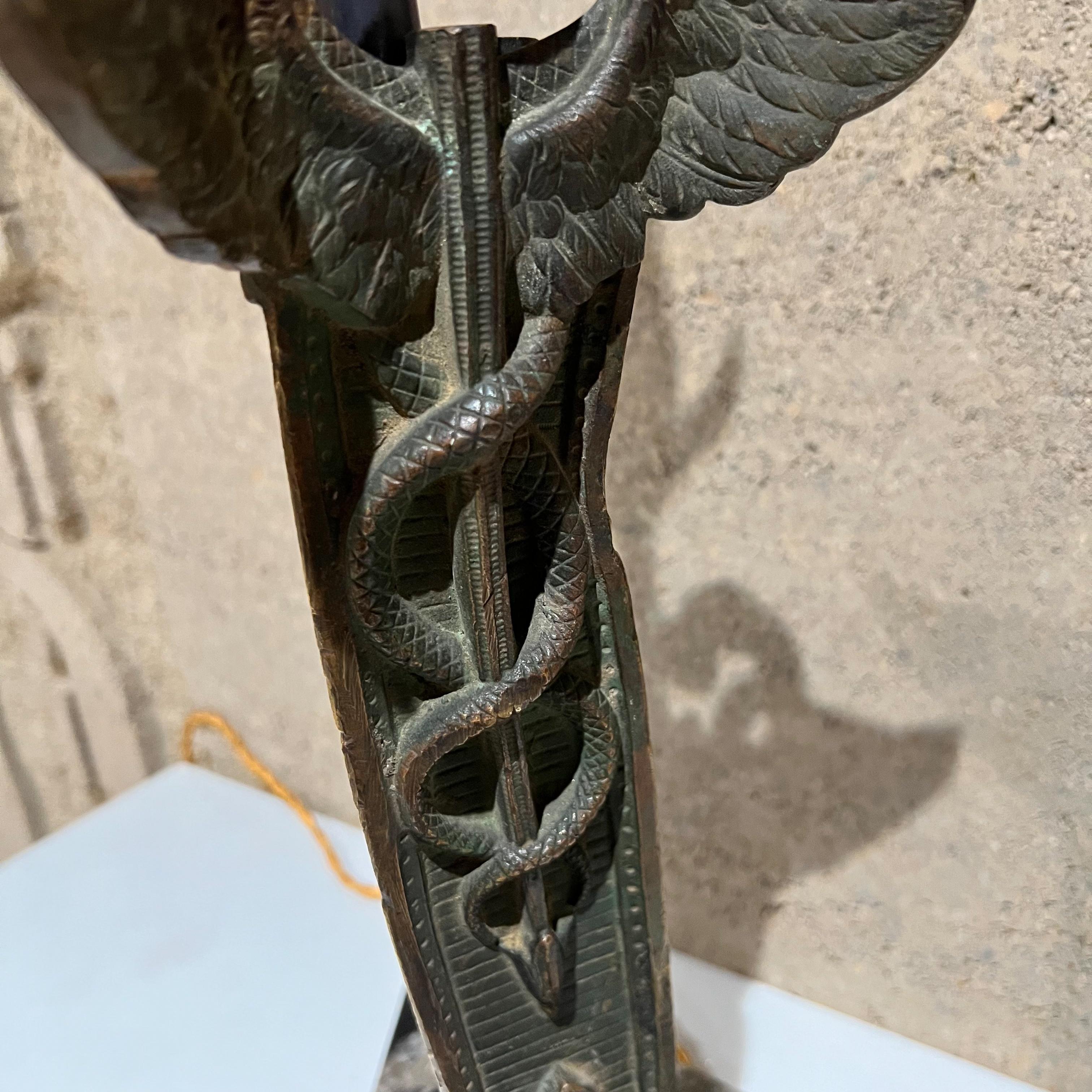 Hollywood Regency 1940s Lovely Carved Bronze Lamp Sculpture Medical Caduceus Serpent Marble Base For Sale
