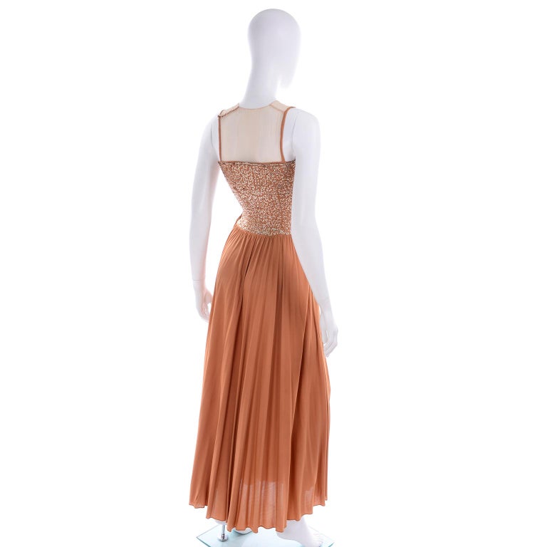 1940s Vintage Copper Peach Sequin Illusion Bodice Evening Dress and ...