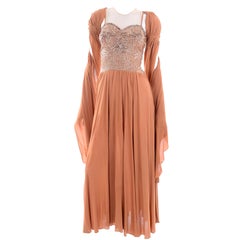 1940s Vintage Copper Peach Sequin Illusion Bodice Evening Dress & Shawl Wrap