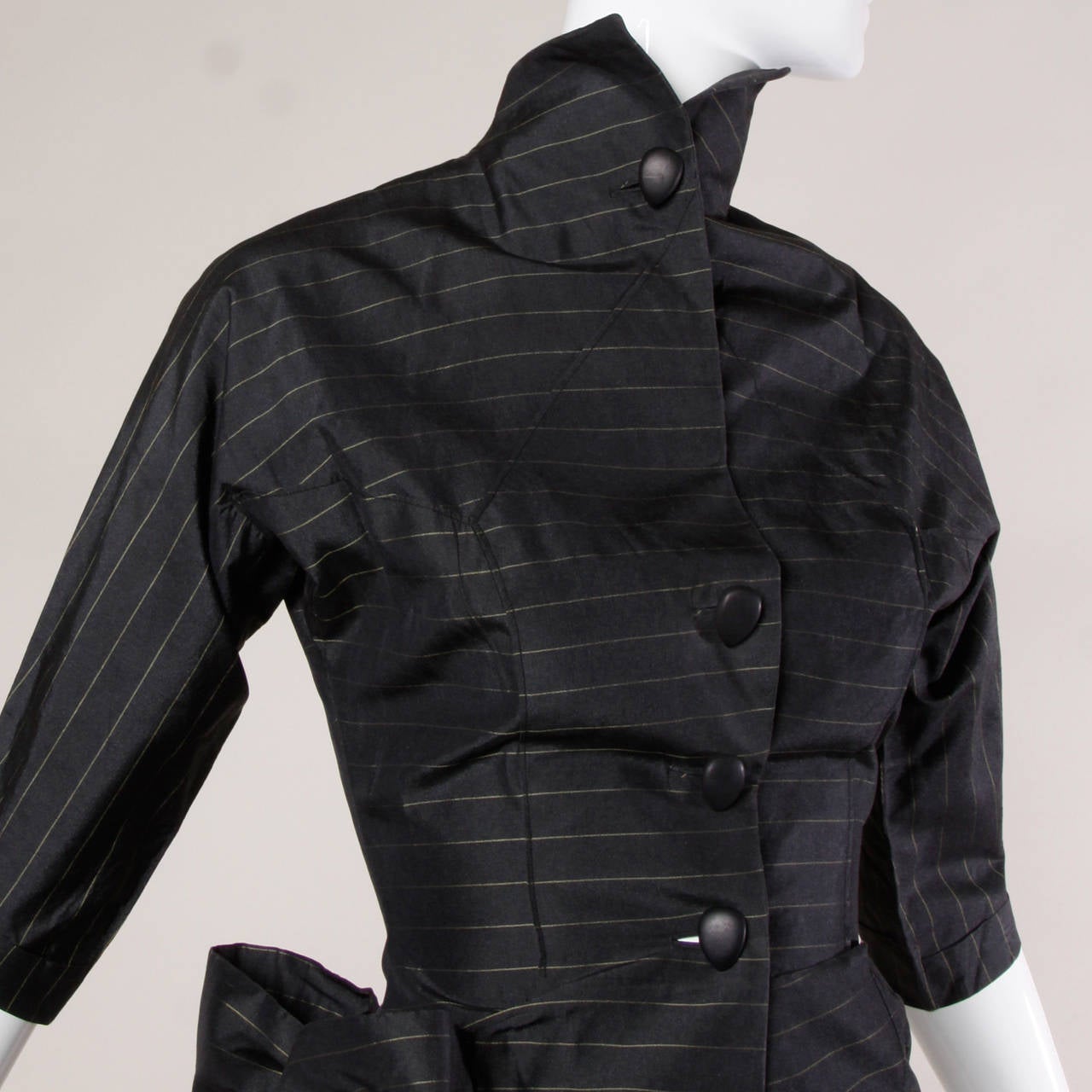 Black 1940s Vintage Couture Silk & Wool Pin Striped Jacket + Skirt Suit Ensemble For Sale