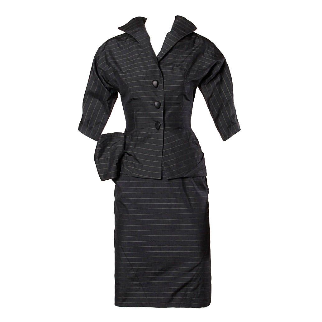 1940s Vintage Couture Silk & Wool Pin Striped Jacket + Skirt Suit Ensemble For Sale