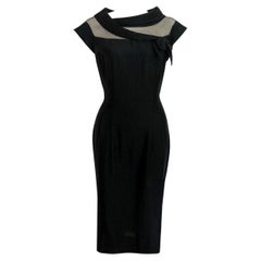 1940er Jahre Vintage Kleid - Charles Warner - Mesh Panel Kragen + Schleife Detail