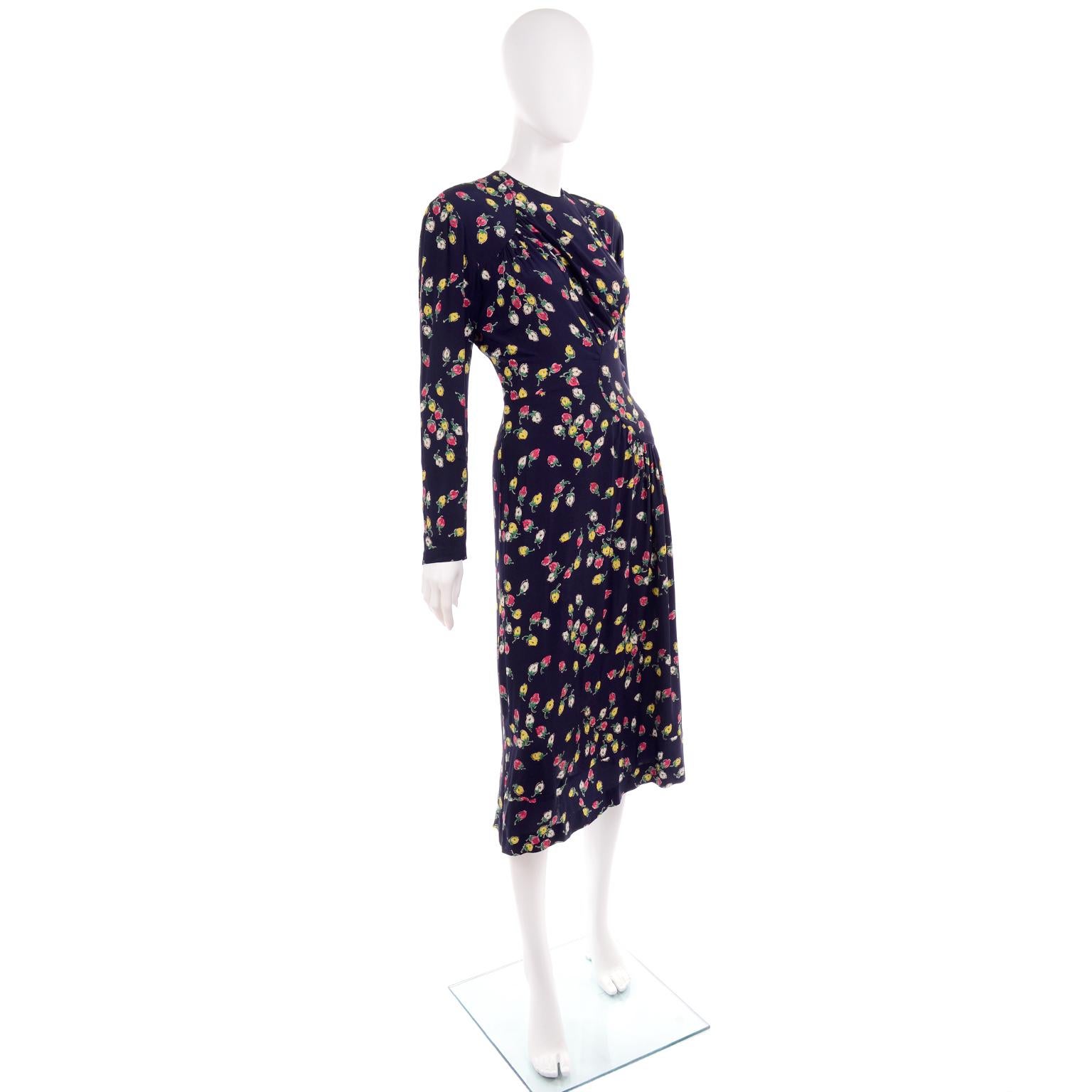 Black 1940s Vintage Dress in Navy Blue Pink & Yellow Rosebud floral Rayon Print For Sale