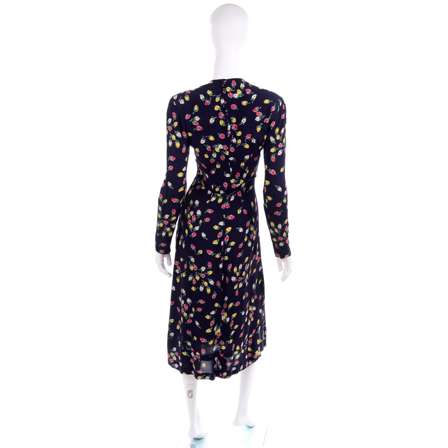 Women's 1940s Vintage Dress in Navy Blue Pink & Yellow Rosebud floral Rayon Print For Sale