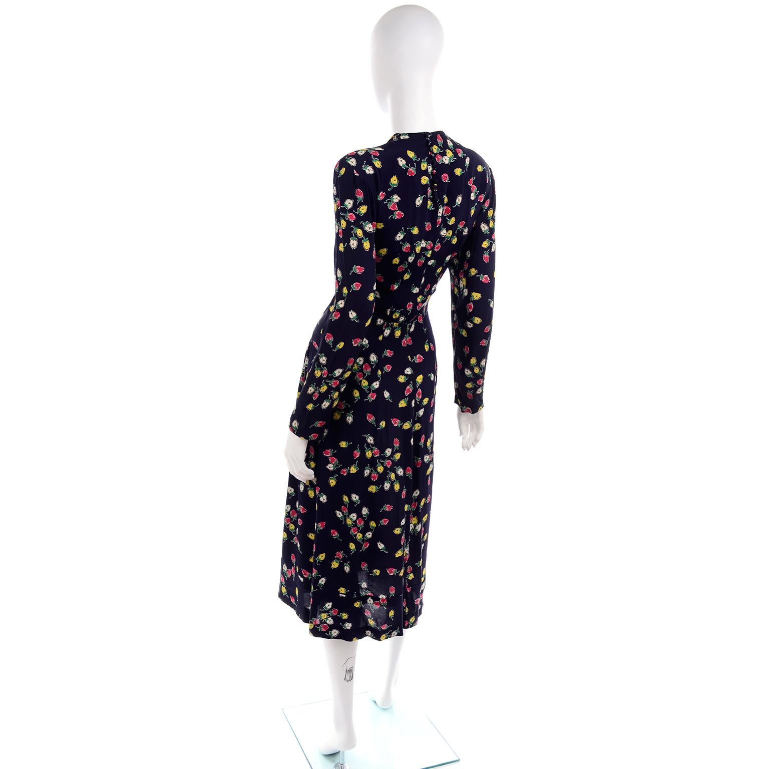 1940s Vintage Dress in Navy Blue Pink & Yellow Rosebud floral Rayon Print For Sale 1