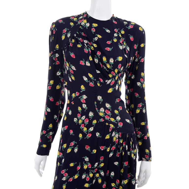 1940s Vintage Dress in Navy Blue Pink and Yellow Rosebud floral Rayon ...