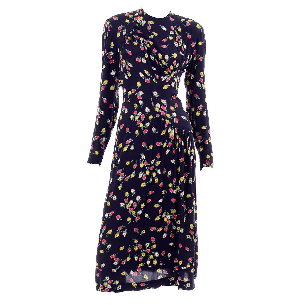1940s Vintage Dress in Navy Blue Pink & Yellow Rosebud floral Rayon Print For Sale
