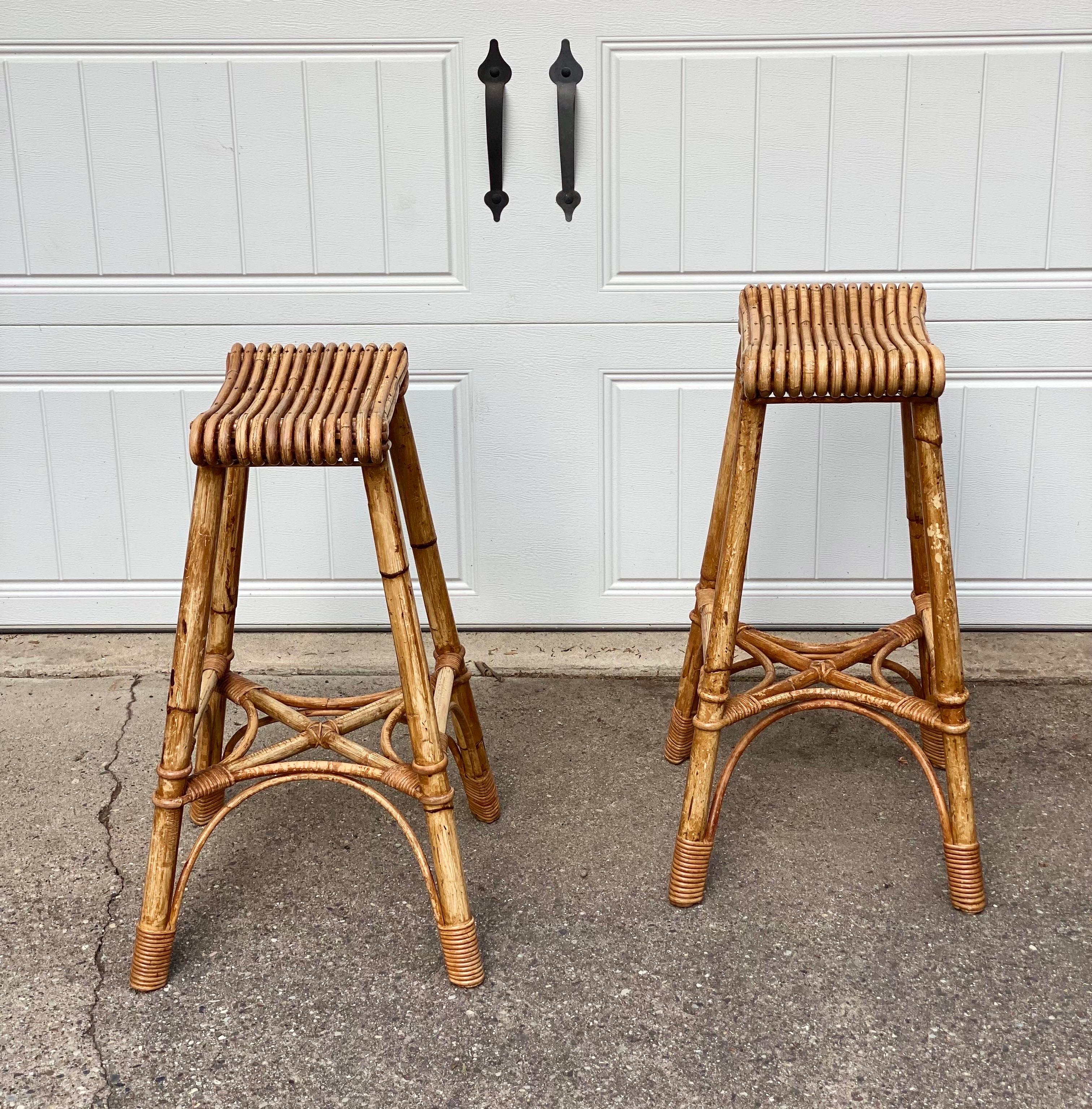 Organic Modern 1940s Vintage English Bamboo Bar Stools – a Pair For Sale