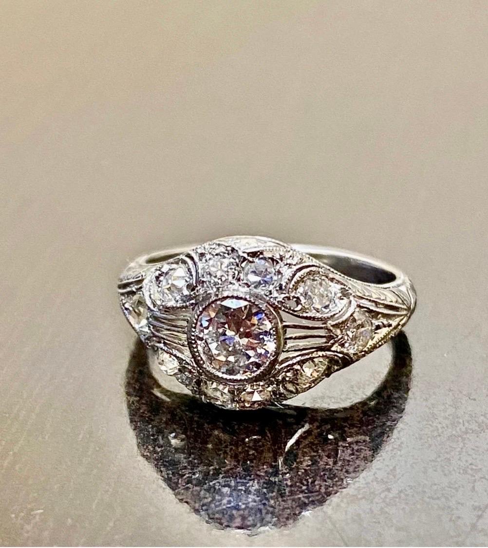 1940's Vintage Hand Engraved Platinum Old European Cut Diamond Engagement Ring  For Sale 5