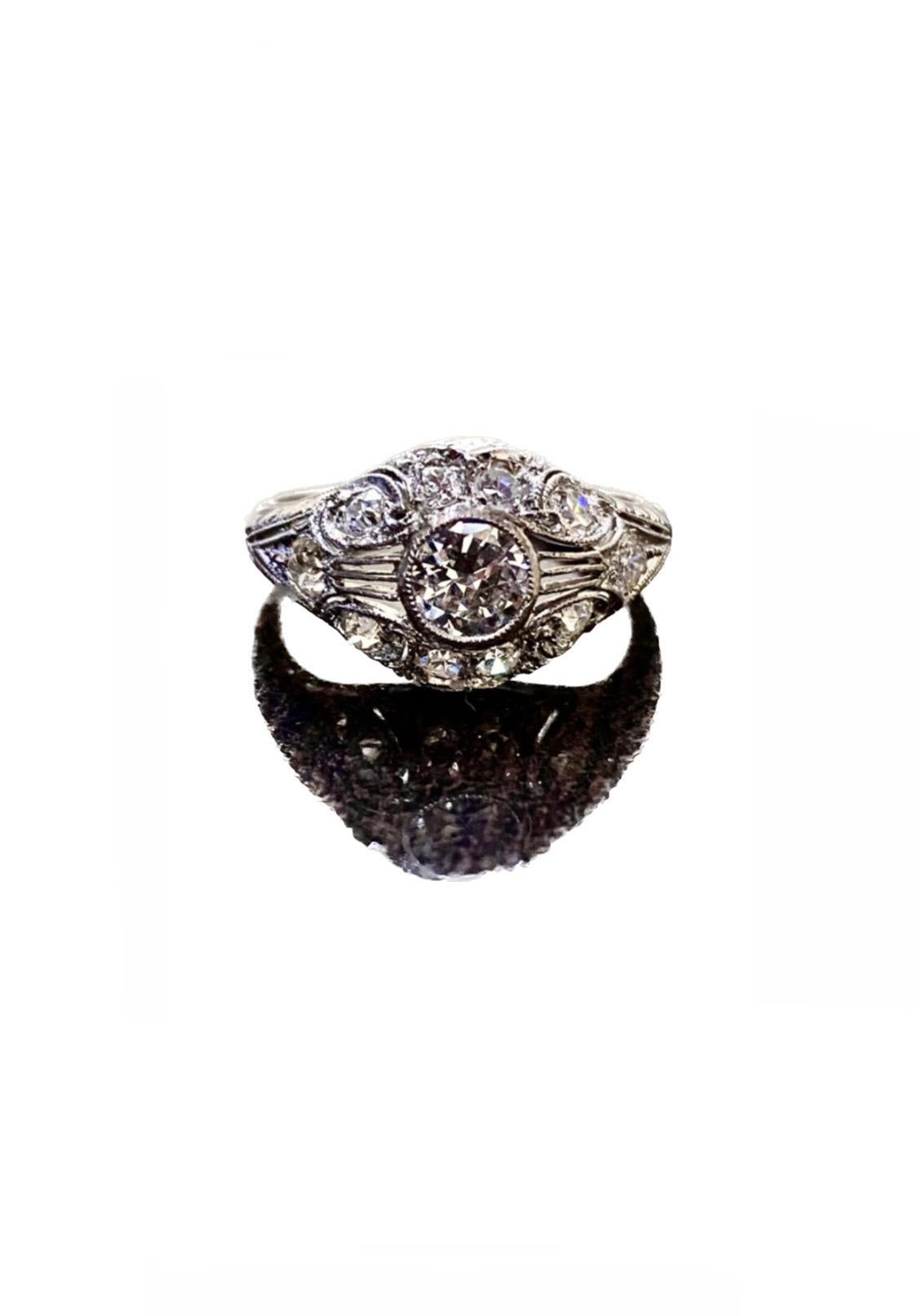 1940's Vintage Hand Engraved Platinum Old European Cut Diamond Engagement Ring  For Sale 6