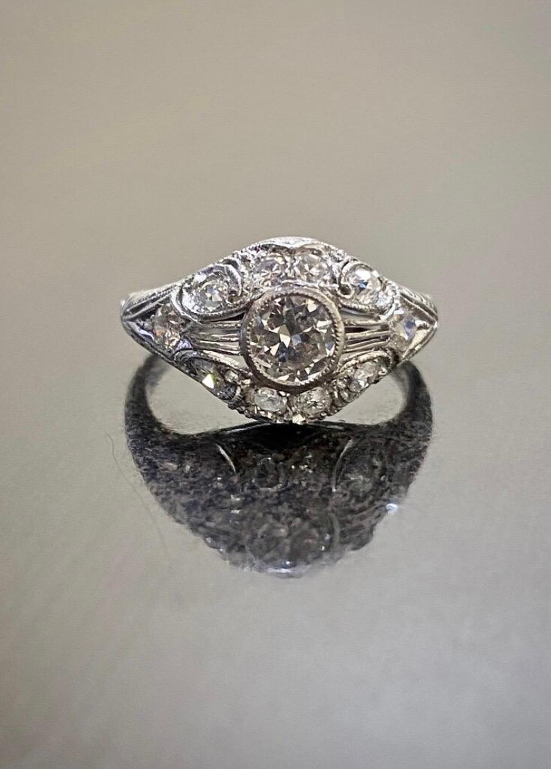 Art Deco 1940's Vintage Hand Engraved Platinum Old European Cut Diamond Engagement Ring  For Sale