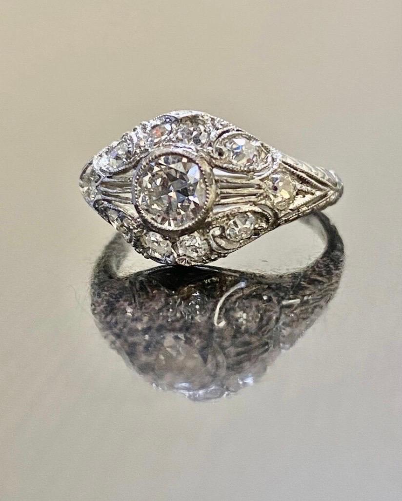 1940's Vintage Hand Engraved Platinum Old European Cut Diamond Engagement Ring  In Good Condition For Sale In Los Angeles, CA