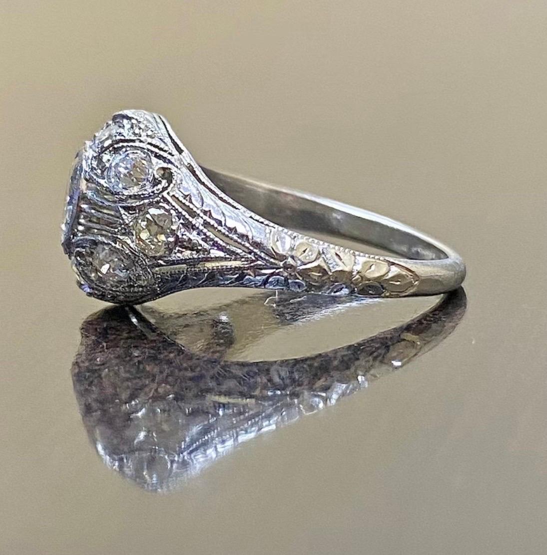 Women's 1940's Vintage Hand Engraved Platinum Old European Cut Diamond Engagement Ring  For Sale