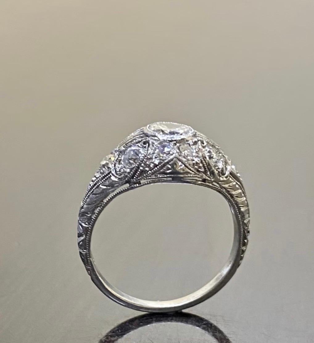 1940's Vintage Hand Engraved Platinum Old European Cut Diamond Engagement Ring  For Sale 2