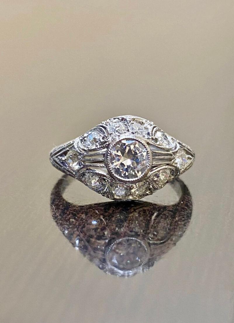 1940's Vintage Hand Engraved Platinum Old European Cut Diamond Engagement Ring  For Sale 4