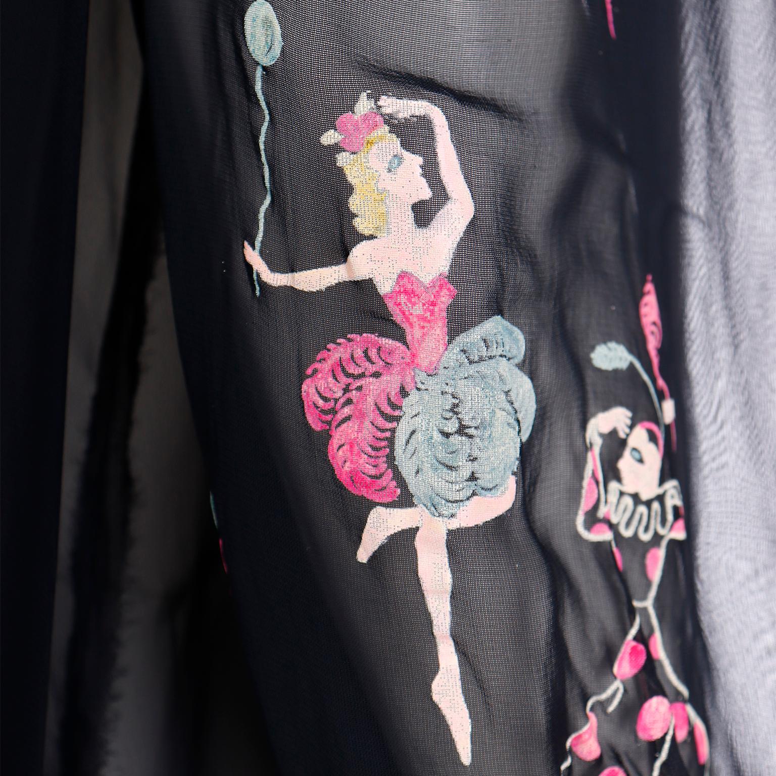 1940s Vintage Hand Painted Circus Performers Sheer Black Open Front Top With Tie For Sale 7