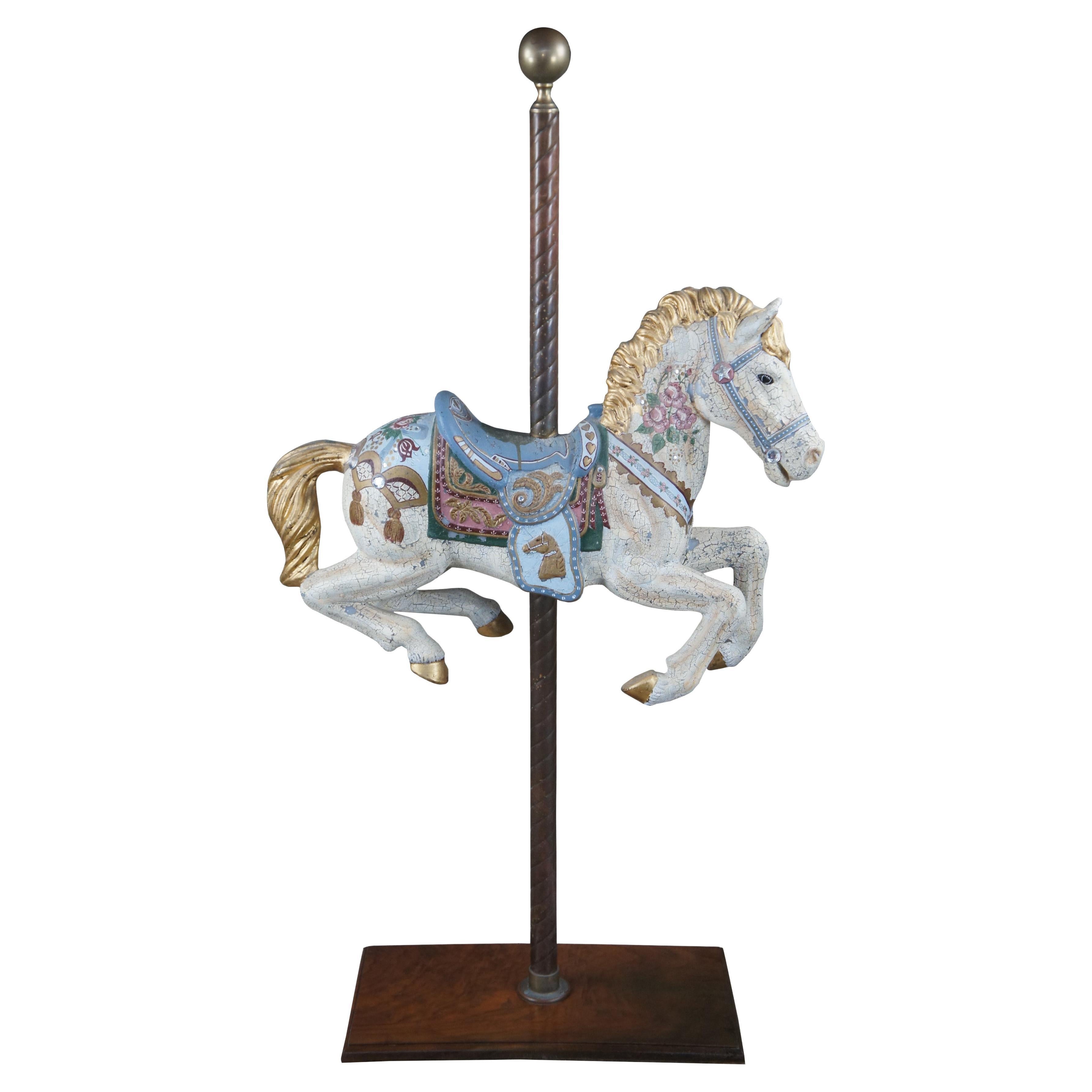 1940s Vintage Hand Painted Polychrome Carousel Horse Statue on Walnut Stand