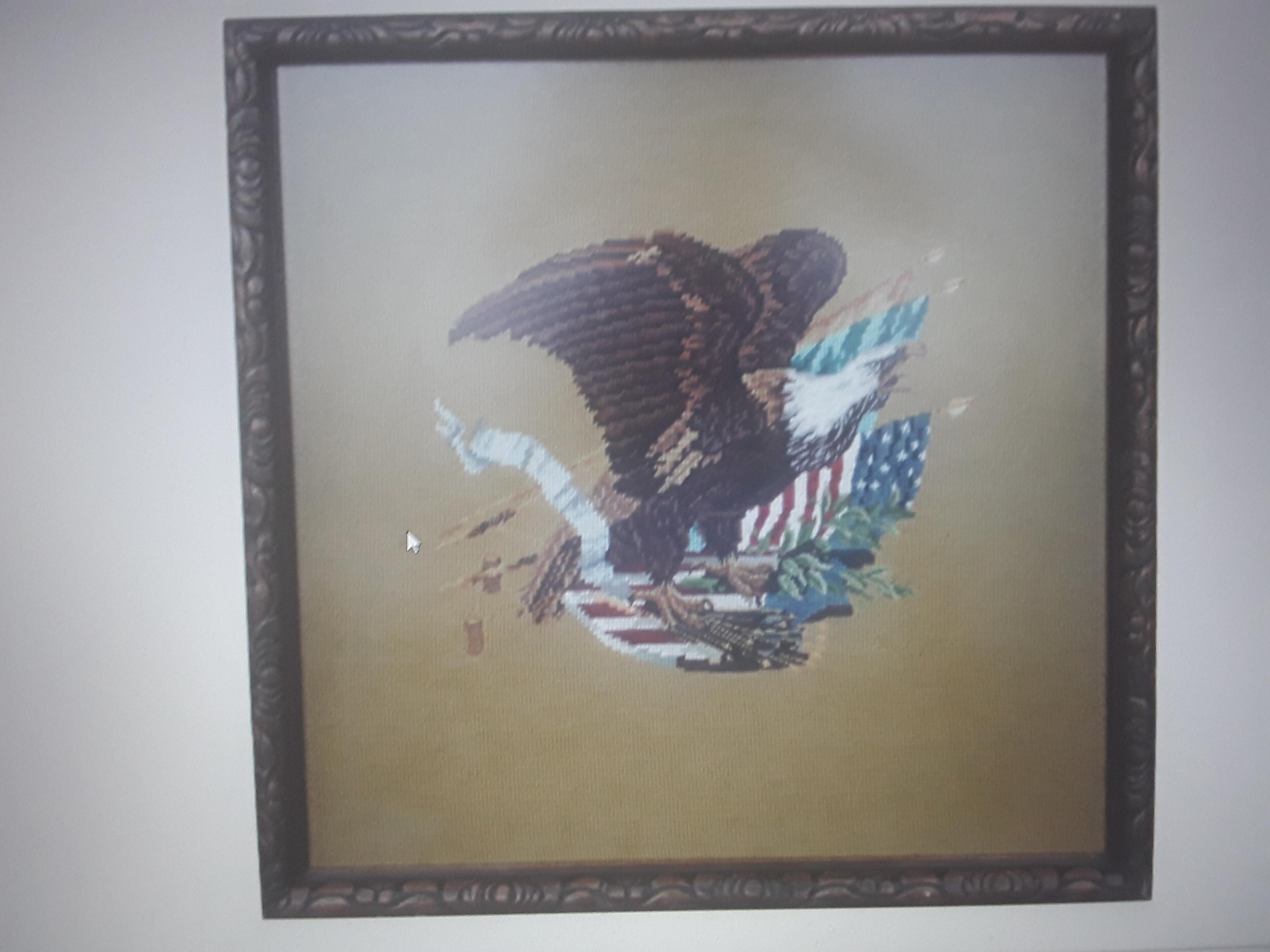 1940's Vintage Hand Stitched and Framed Needlepoint Eagle Scene U.S.A. Patriotic For Sale 3