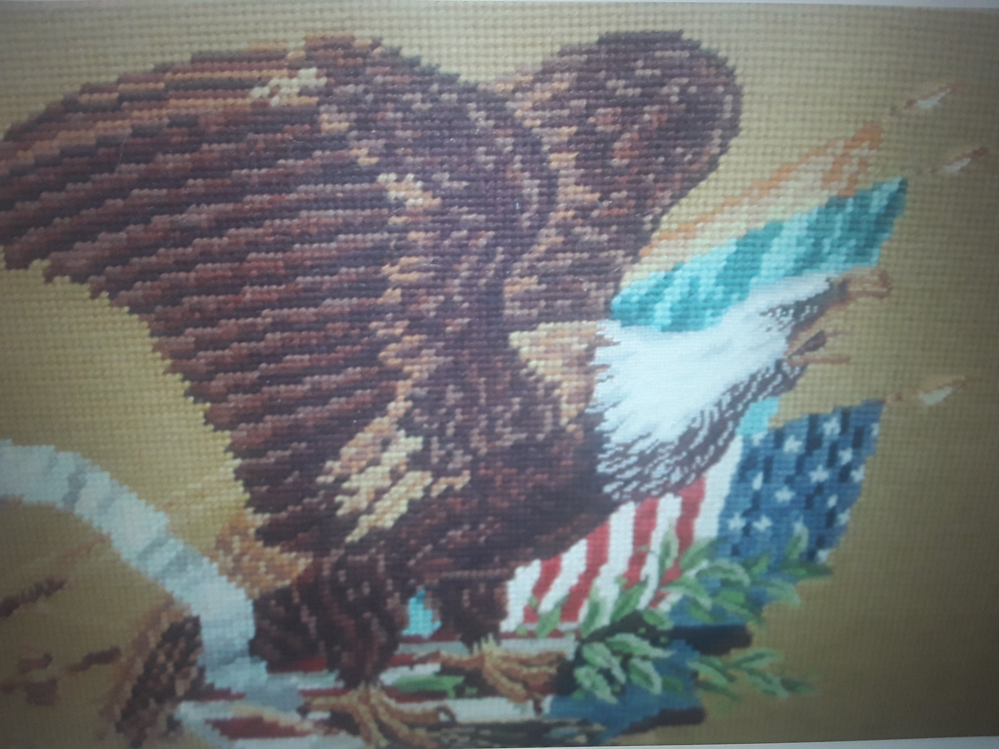 1940's Vintage Spectacular Hand Stitched Needlepoint Patrioti Scene. Eagle in flight with ribbon, USA flag detail.