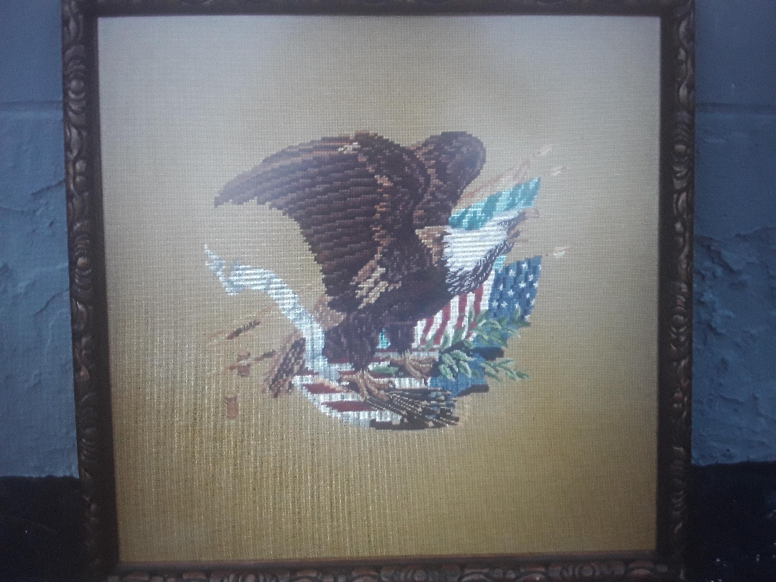 Mid-Century Modern 1940's Vintage Hand Stitched and Framed Needlepoint Eagle Scene U.S.A. Patriotic For Sale