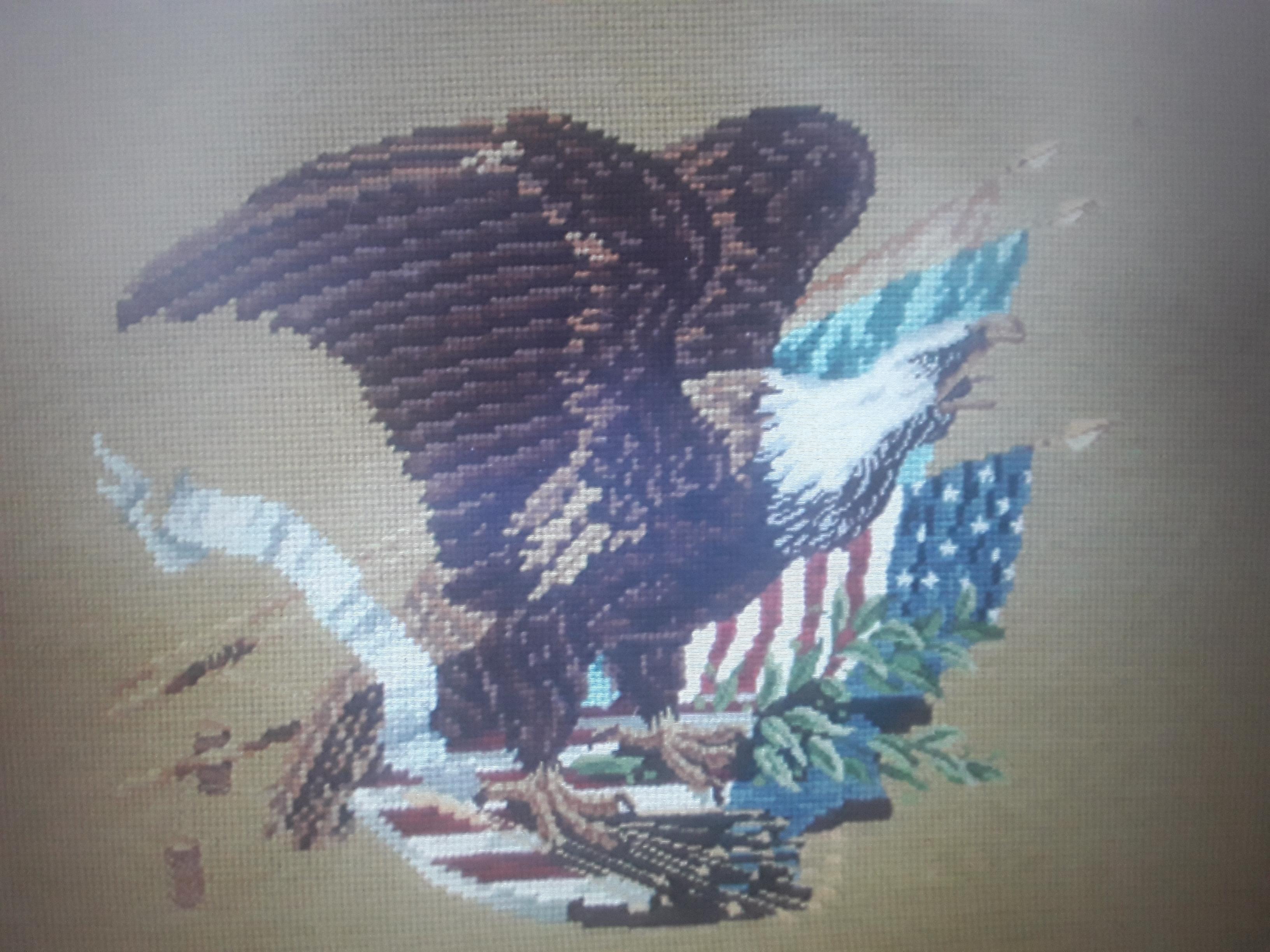 North American 1940's Vintage Hand Stitched and Framed Needlepoint Eagle Scene U.S.A. Patriotic For Sale