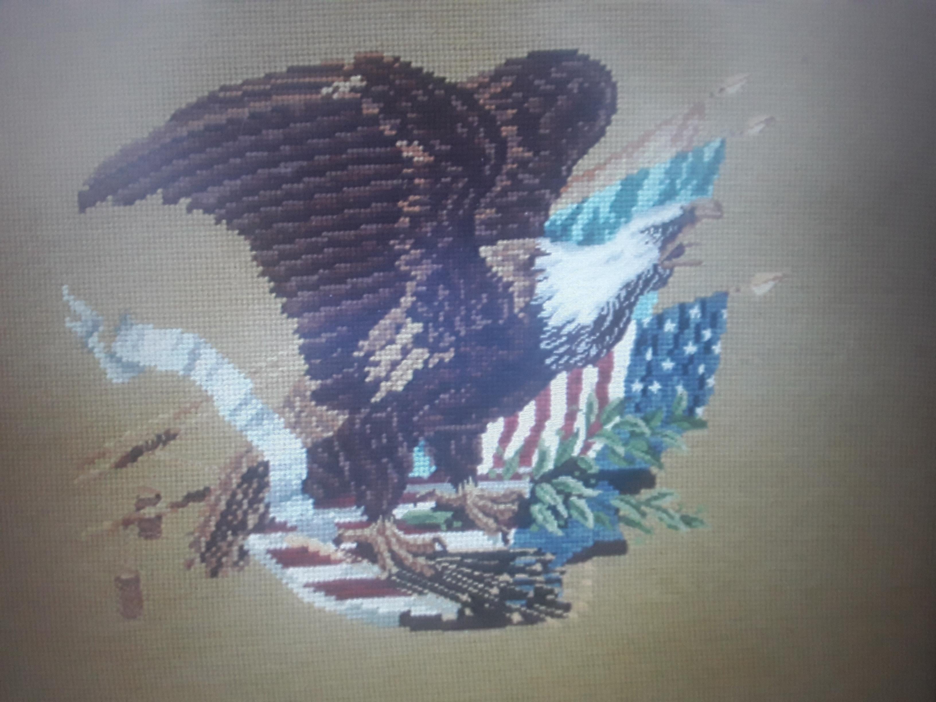 1940's Vintage Hand Stitched and Framed Needlepoint Eagle Scene U.S.A. Patriotic In Good Condition For Sale In Opa Locka, FL
