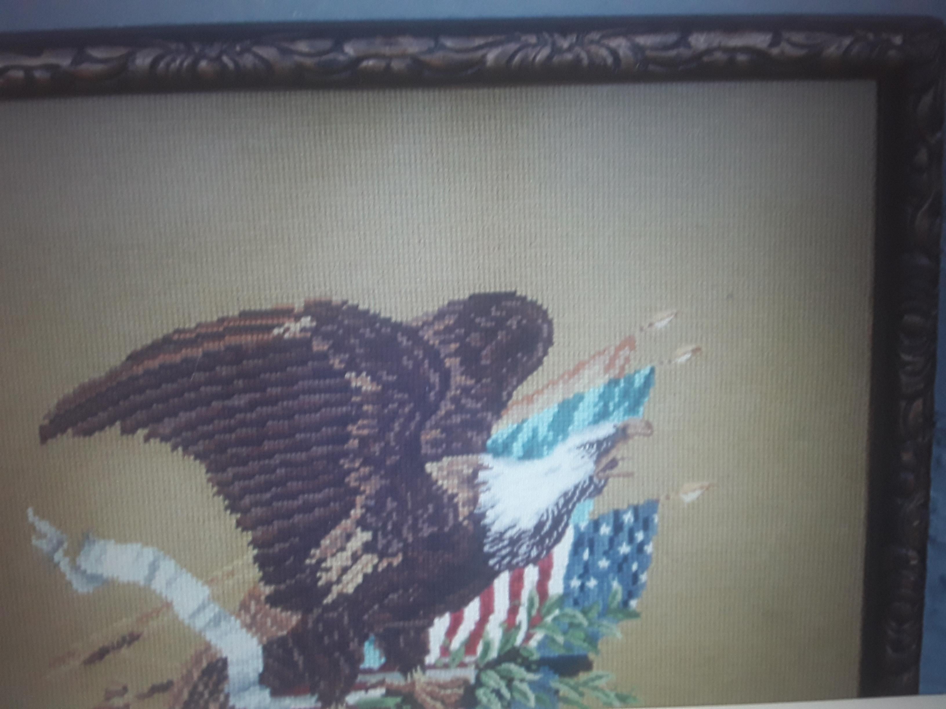 Yarn 1940's Vintage Hand Stitched and Framed Needlepoint Eagle Scene U.S.A. Patriotic For Sale