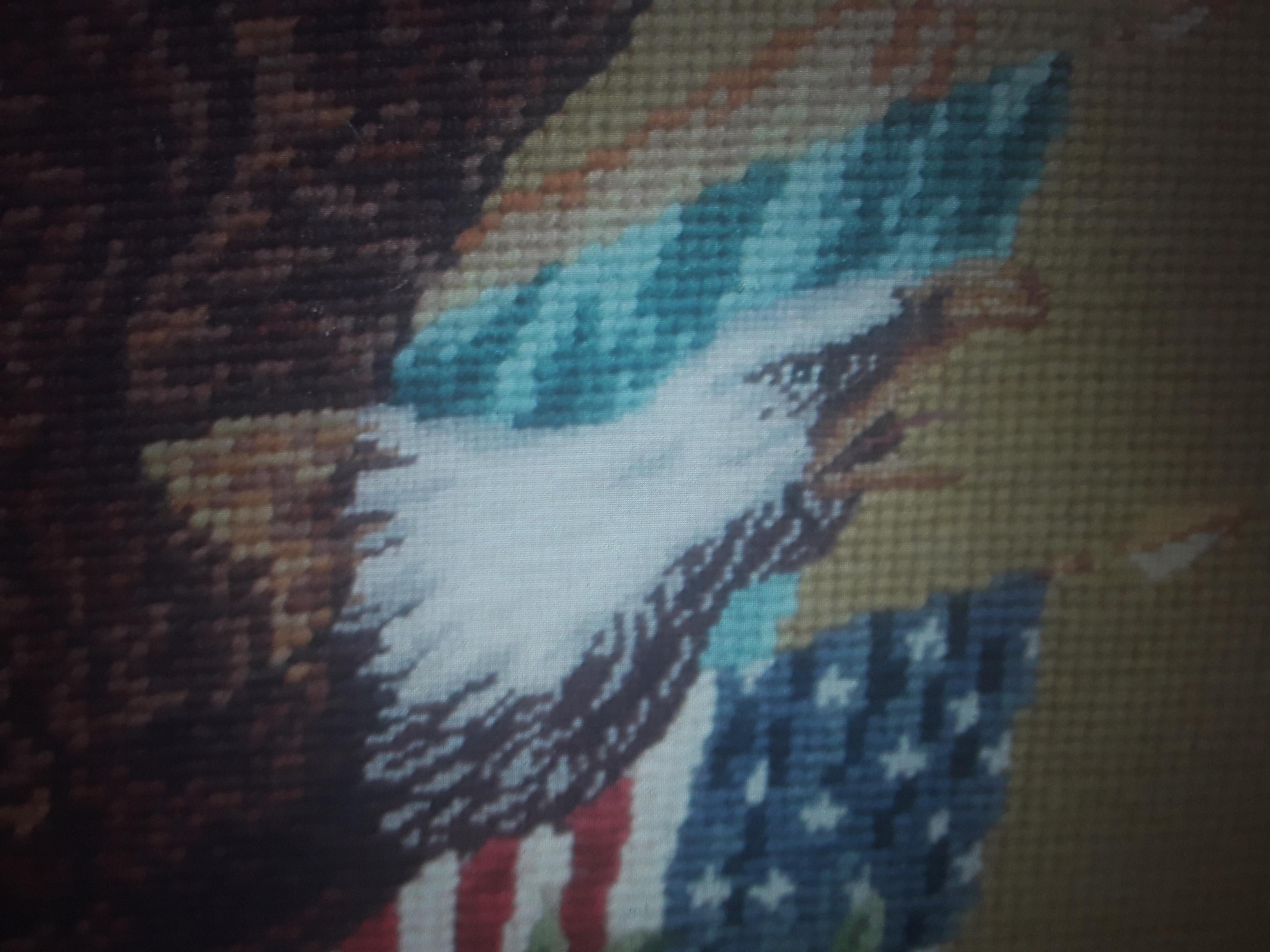 1940's Vintage Hand Stitched and Framed Needlepoint Eagle Scene U.S.A. Patriotic For Sale 1