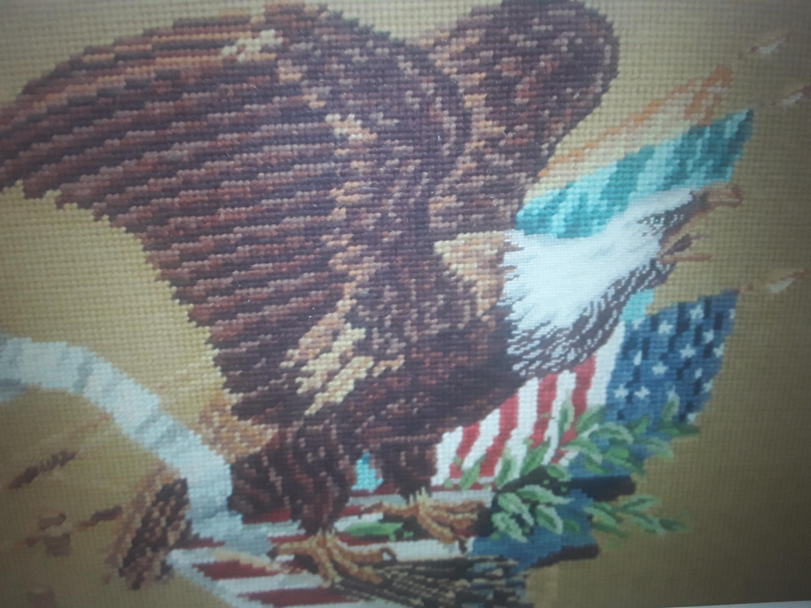 1940's Vintage Hand Stitched and Framed Needlepoint Eagle Scene U.S.A. Patriotic For Sale 2