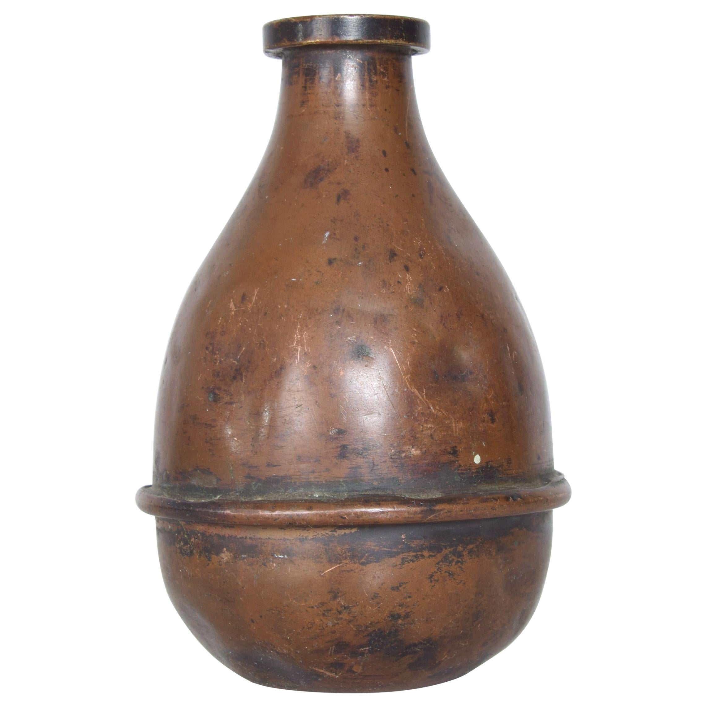 1940s Vintage Industrial Aged Bottle Vase Jug in Patinated Copper USA For Sale
