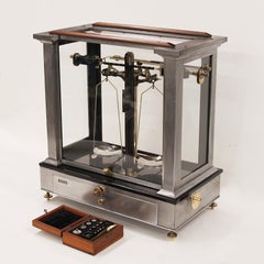 1940s Vintage Industrial Aluminum & Brass Apothecary Scale Balance with Weights