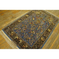 1940s Vintage Isfahan Rug Blue Field Animalia Wool & Silk Pile Fine Knot Carpet