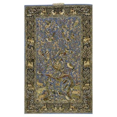 1940s Vintage Isfahan Rug Blue Field Animalia Wool & Silk Pile Fine Knot Carpet