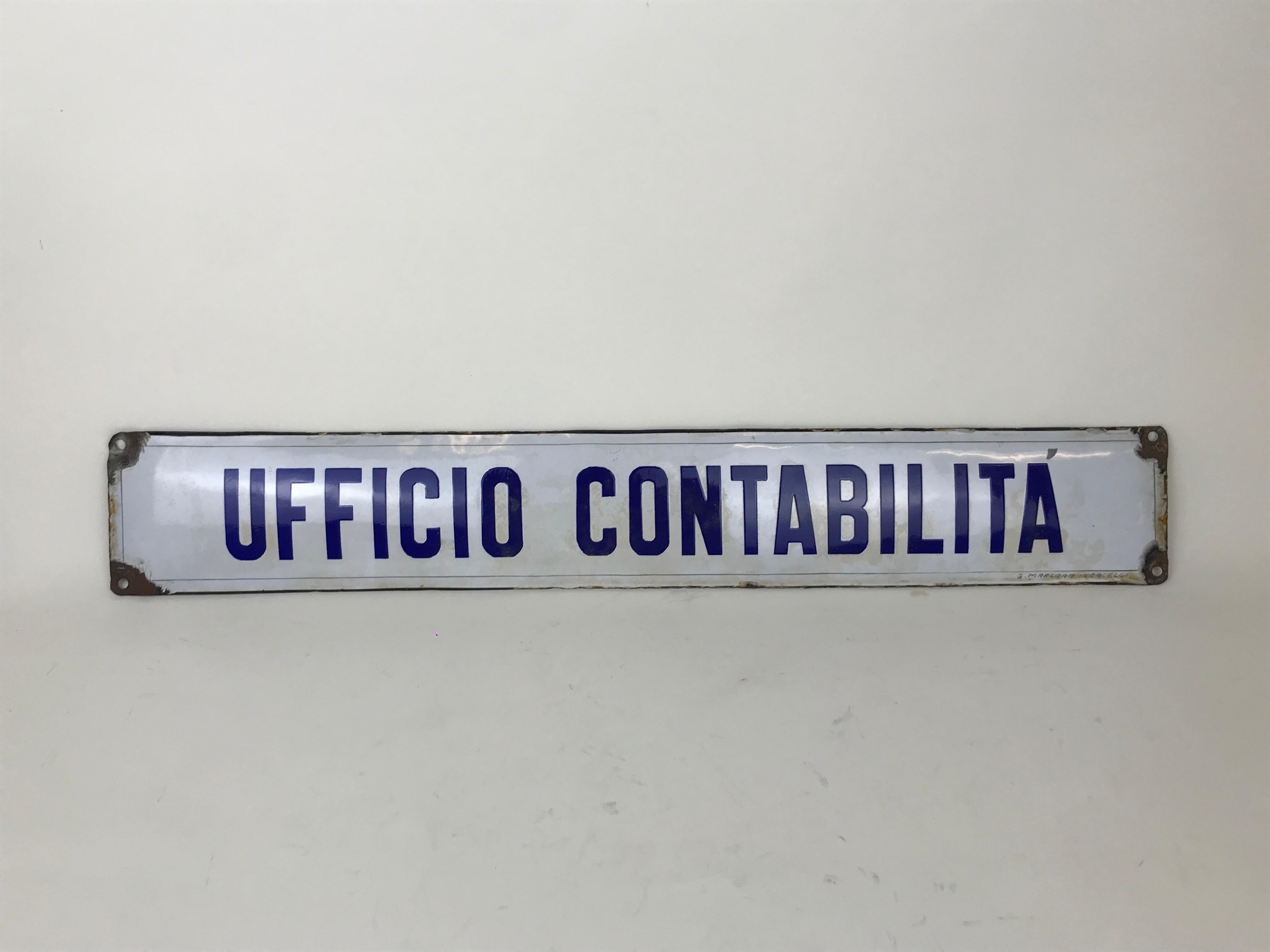 Industrial 1940s Vintage Italian Enamel Metal Sign Accounting Office or Ufficio Contabilità For Sale